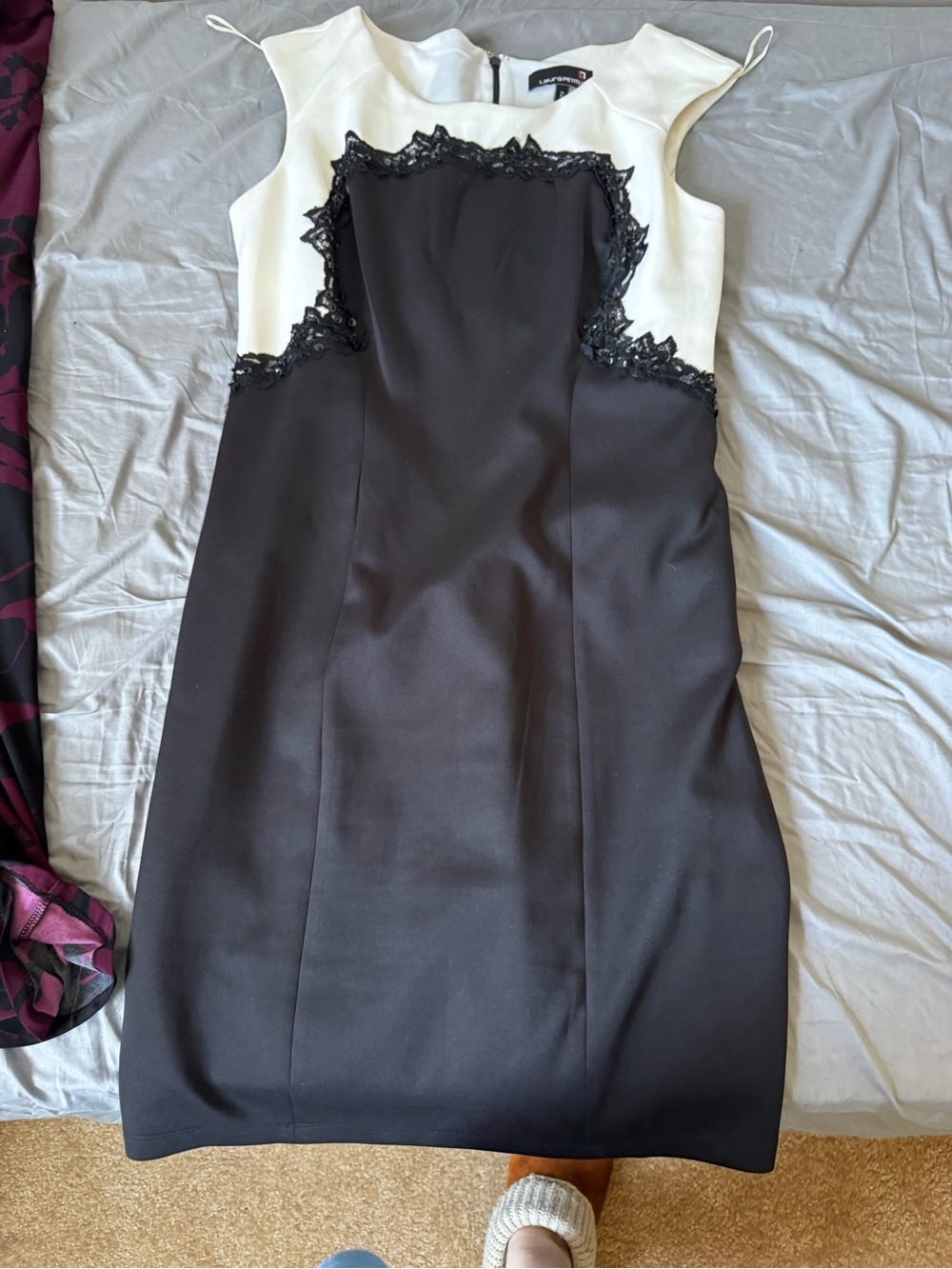 London Times Black and White Lace-Trim Midi Sheath Dress